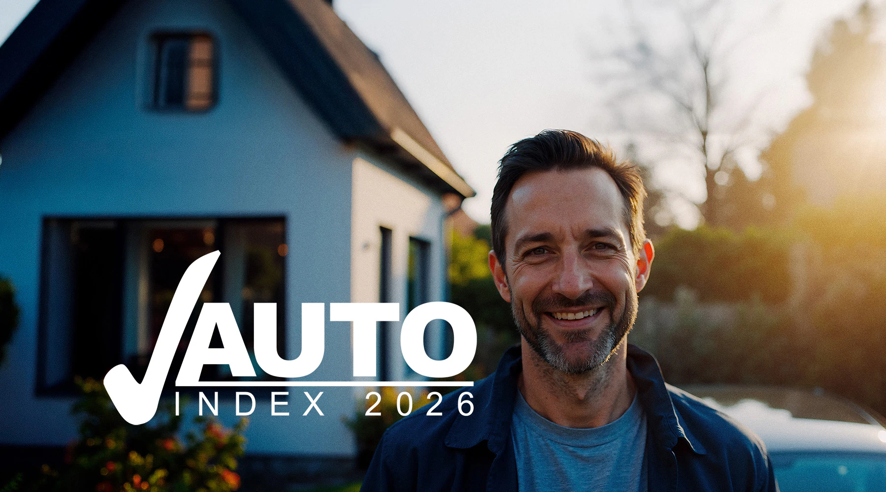 AutoIndex 2026 logotyp i vitt med bild på man, hus, och bil, som bakgrund
