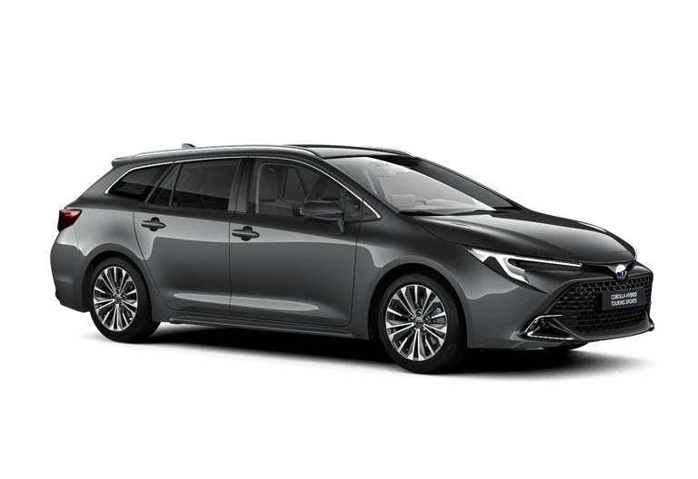 En mörkgrå Toyota Corolla Touring Sports fotograferad snett från sidan