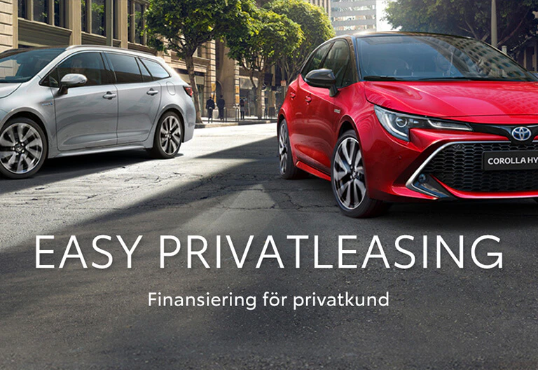 Bild som visar en röd och en grå Corolla med texten Easy privatleasing