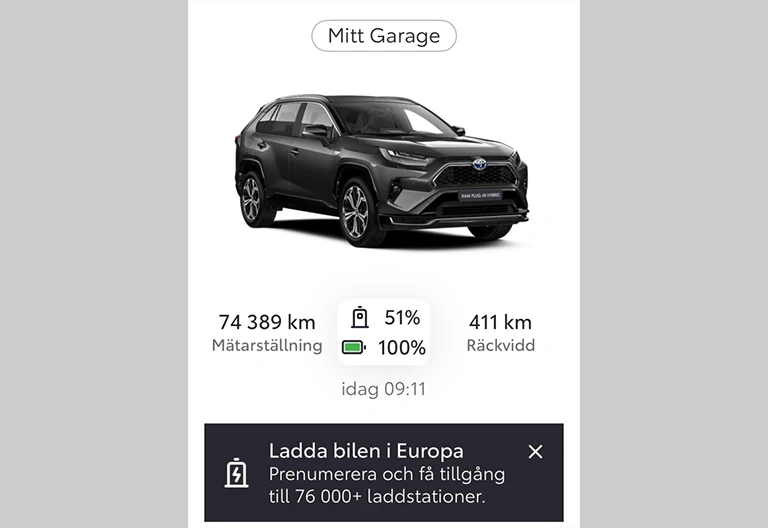 En bild som visar en vy från ett MyToyota-konto på en mobilskärm
