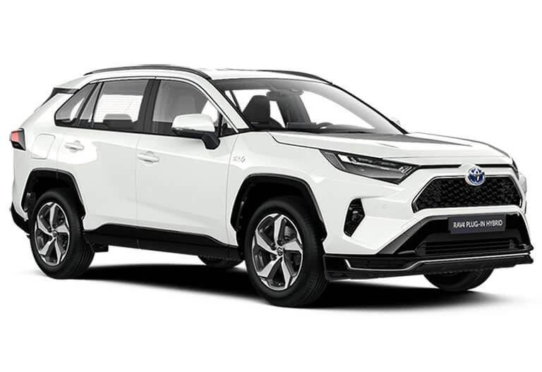 En frilagd bild på en vit Toyota RAV4 fotograferad snett från sidan